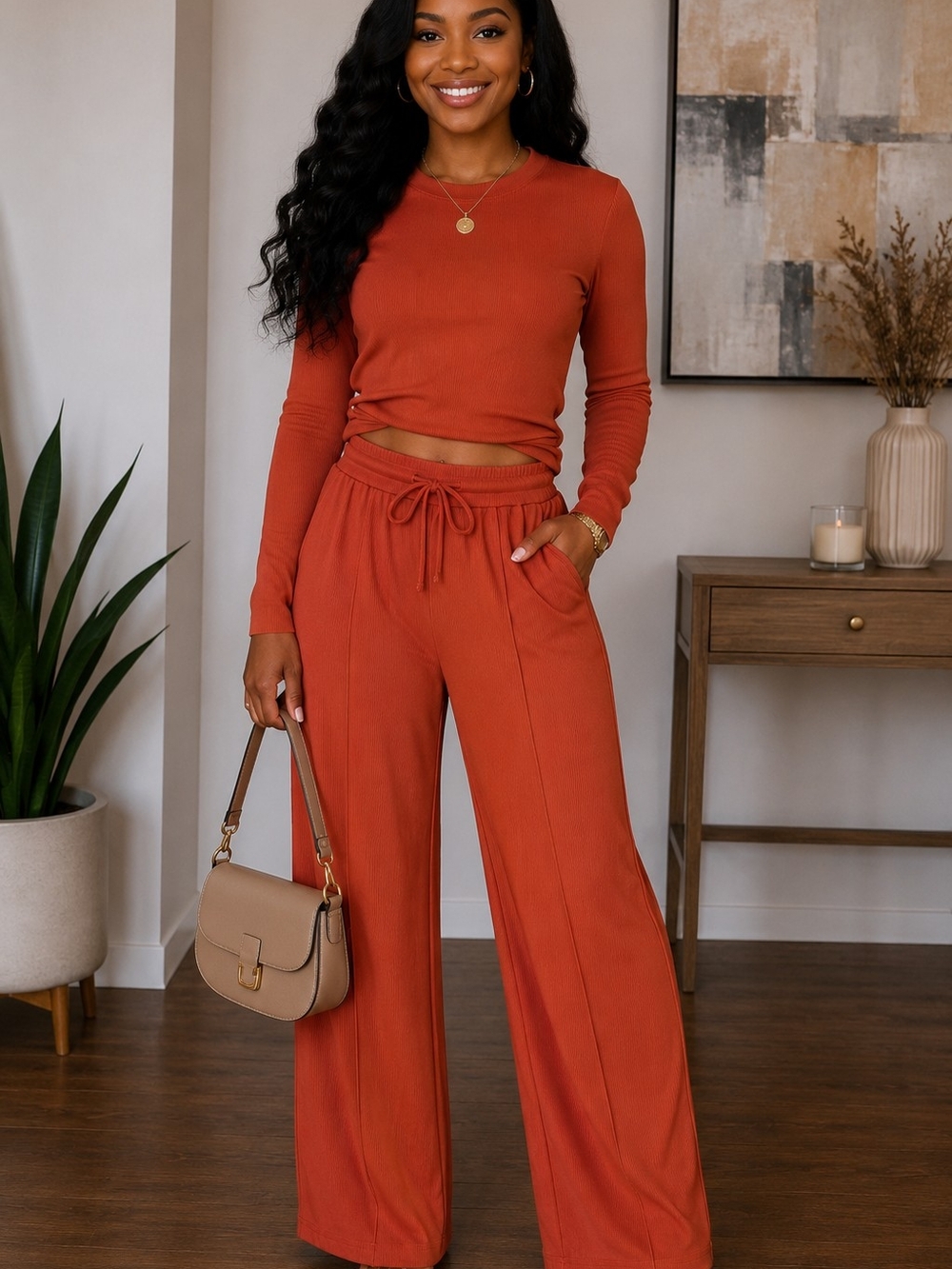 Rust Ribbed Two-Piece Lounge Set